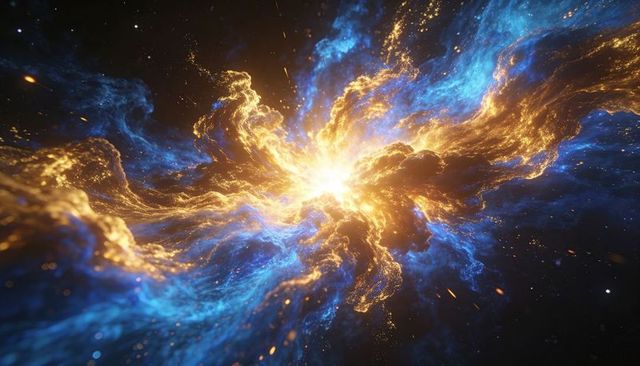 Radiating nebula exploding into gold and blue plasma tendrils around luminous stellar core