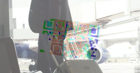 Vibrant QR Code Overlaid on Airport Scene with Traveler - Download Free Stock Images Pikwizard.com