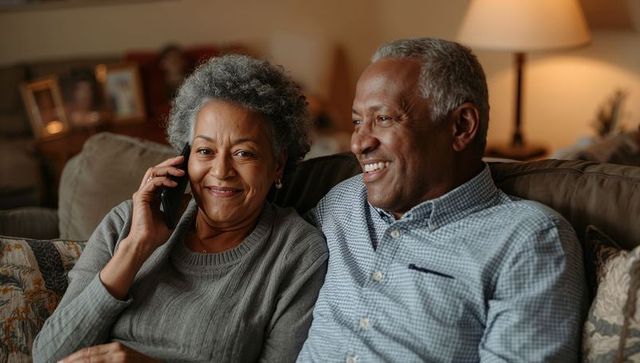 Senior couple sitting on sofa, woman talking on smartphone and smiling in living room