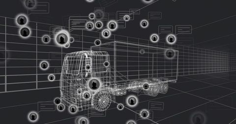 3d wireframe box truck visualizing logistics network, data flow, and fleet connectivity