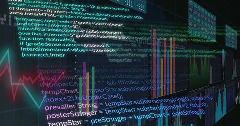 Translucent code overlaying real-time financial charts and candlestick trading dashboard