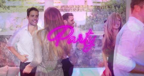 Joyful friends dancing at home party with highlighted text