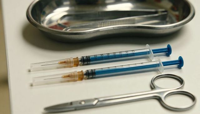 Preparing medical syringes and surgical instruments on sterile tray
