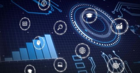 Futuristic HUD Dashboard with Blue Bar Chart, Analytics Icons and Circuit Interface