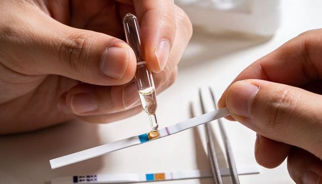 Hands applying reagent dropper to rapid test strip showing colored control and test pads