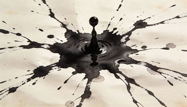 Black ink droplet rising from pooled splash on textured paper, macro splash art high gloss