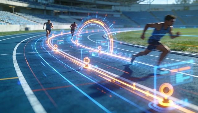 Sprinter leading on track with futuristic ar performance overlay and speed analytics