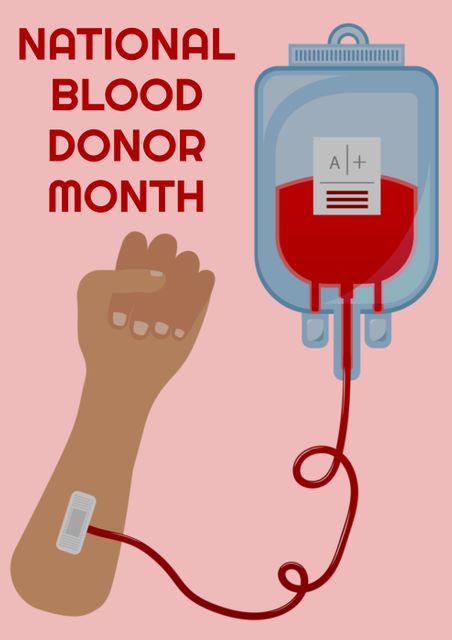 Poster emphasizing National Blood Donor Month. Illustration shows an arm with a blood tube connected to a blood bag labeled 'A+'. Effective for promoting blood donation events, campaigns, and healthcare initiatives. Suitable for hospitals, clinics, and non-profit organizations to encourage community involvement in life-saving activities.