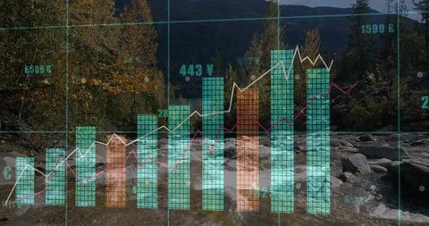 Financial graph overlay on river landscape indicating market trends
