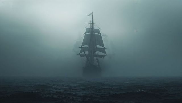 Antique sailing ship navigating through dense fog
