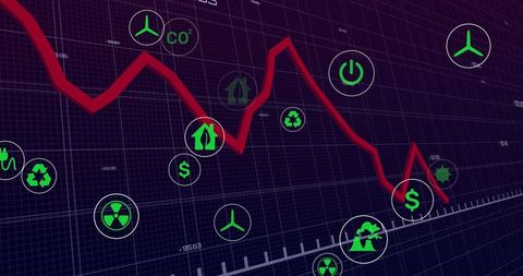 Red Trend Line with Eco-Economic Icons on Grid Background