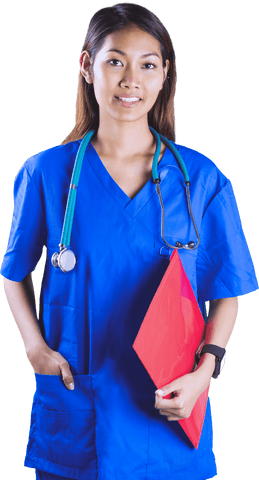 transparent asian nurse holding red file stethoscope blue scrubs - Download Free Stock Videos Pikwizard.com