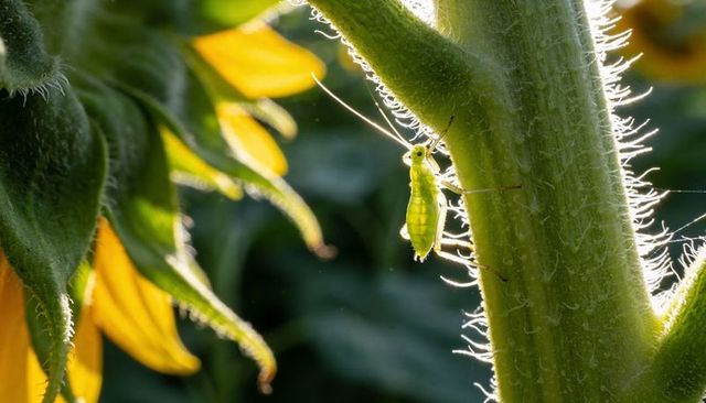 Backlit green aphid nymph clinging to sunflower stem with glowing hairs and yellow petals