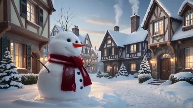 Snowy Village Evening with Snowfall and Snowman