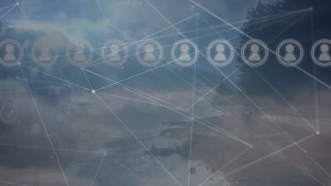 Digital Network Superimposed on Serene River Landscape