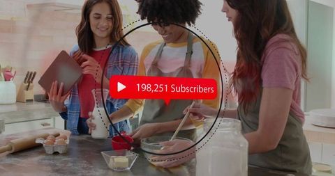 Baking vlog collab: friends mixing batter on kitchen island with 198,251 subscribers