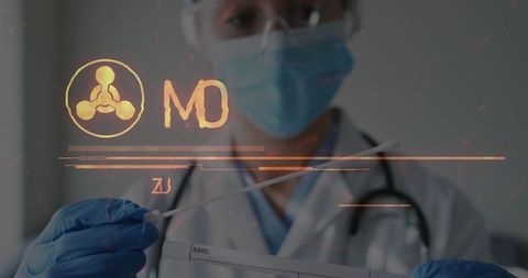 Female physician collecting nasal swab wearing ppe and stethoscope with amber md overlay