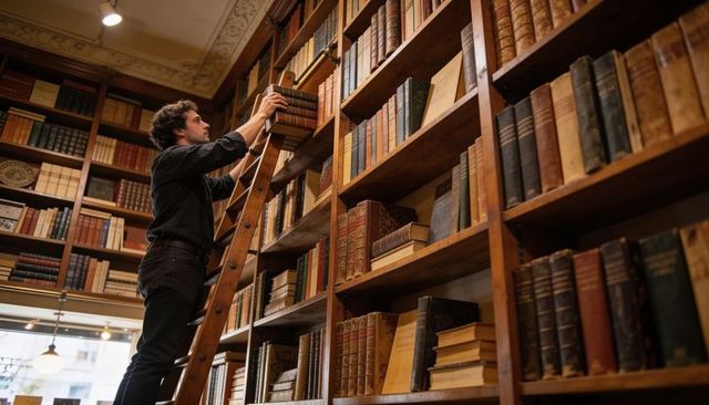 Man climbing ladder reaching leatherbound book on tall vintage wooden bookshelves