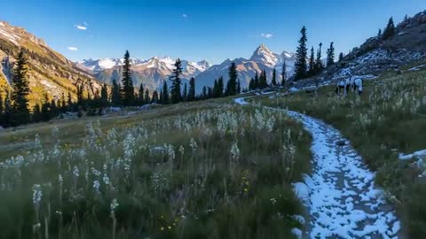 Moving camera revealing snowy trail through alpine meadow toward snow-capped peaks with backpackers