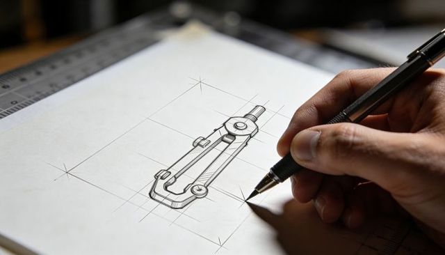 Hand sketching precision engineering compass drawing on grid with mechanical pencil, ruler