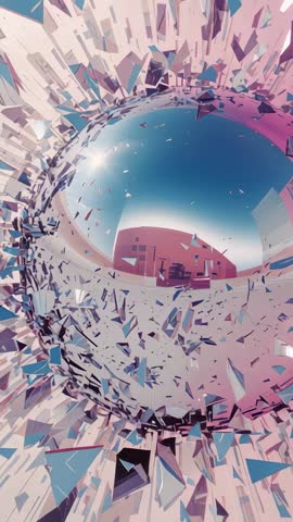 Shattering metallic orb launching reflective shards over futuristic complex - vertical video