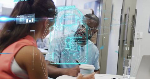 Colleagues Collaborating on Documents with Holographic Data Security Interface