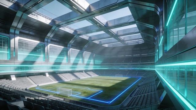 Futuristic soccer stadium with neon-lined pitch, skylights and sleek glass architecture