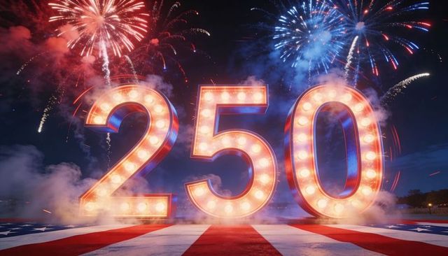Celebrating 250th Anniversary with Patriotic Marquee Numbers and Fireworks