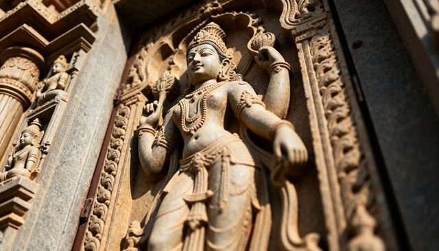 Sunlit stone deity relief on temple facade showing intricate carving and ornamentation