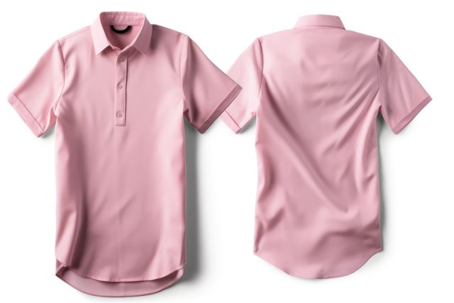 The image features front and back views of a pink polo shirt. This stylish shirt has a short-sleeved design and is suitable for casual and semi-formal occasions. Useful for designers, clothing retailers, and e-commerce websites to showcase fashion apparel. Great for highlighting fabric properties, color options, and style details.