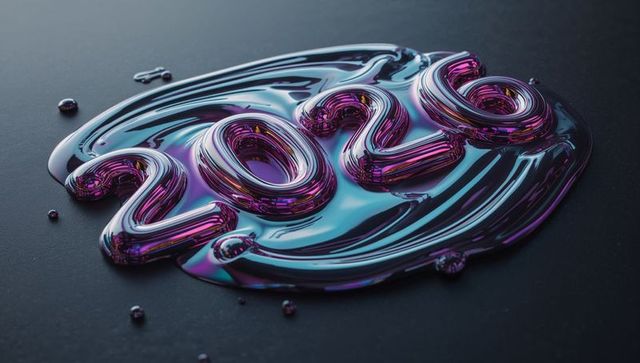 2026 liquid metallic numerals shimmering iridescent purple blue reflective gloss design