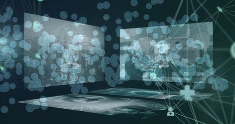 Digital network icons overlapping data processing interface