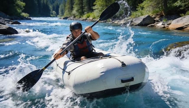 Solo paddler navigating whitewater in inflatable raft on mountain river rapids, conifer forest canyo