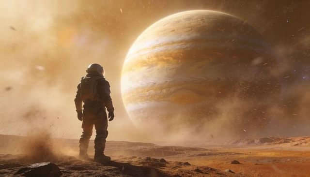 Astronaut standing on red alien plain overlooking massive gas giant, dramatic space vista