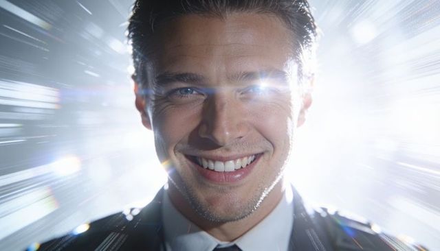Confident businessman smiling and wearing suit, backlit headshot with dynamic lens flare