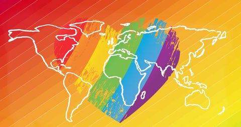 World map in rainbow heart on colorful background