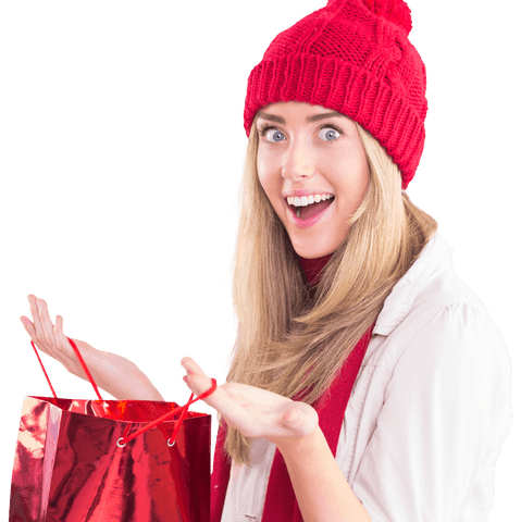 Joyful Woman in Red Hat Opening Transparent Gift Bag