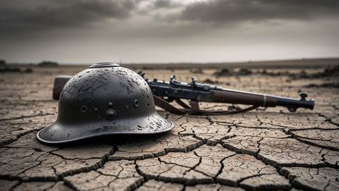 Vintage first world war military helmet and rifle on arid desert cracks