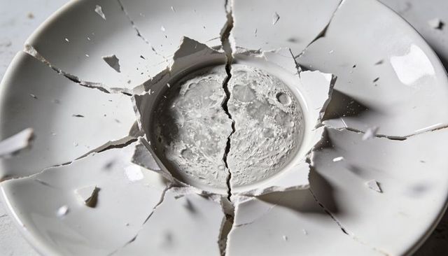 Cracked ceramic plate revealing moonlike crater texture with radiating porcelain shards
