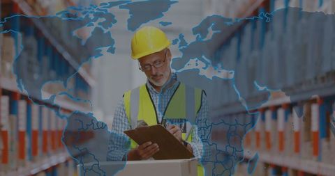 Warehouse Inspector in Hard Hat Checking Inventory with Map Overlay