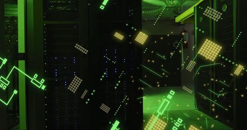 Digital Circuit Board Overlay on Server Room Representing Data Processing - Download Free Stock Images Pikwizard.com