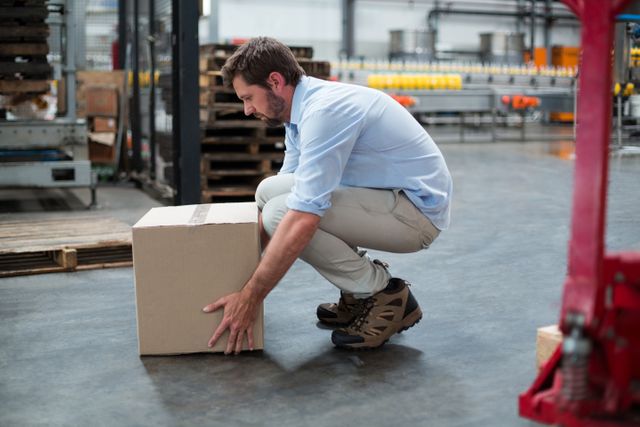 Attentive factory worker picking up cardboard boxes in factory