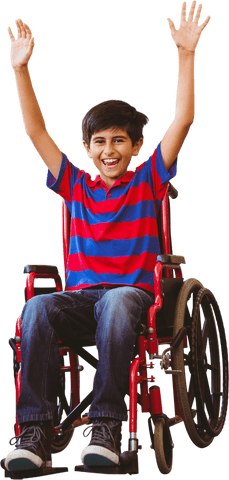 Joyful boy in wheelchair with raised arms on transparent background