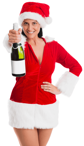 Transparent santa costume woman with champagne bottlev