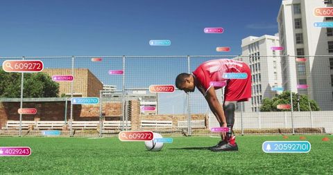 Soccer Player Tying Cleat on Urban Turf with Digital Data Icons