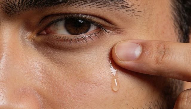 Close-up male eye with teardrop and fingertip pressing skin showing raw emotion
