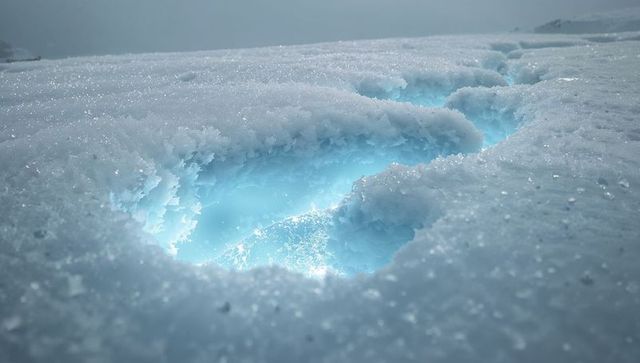 Glowing turquoise fissure cutting through frosty snowfield with crystalline ice glow