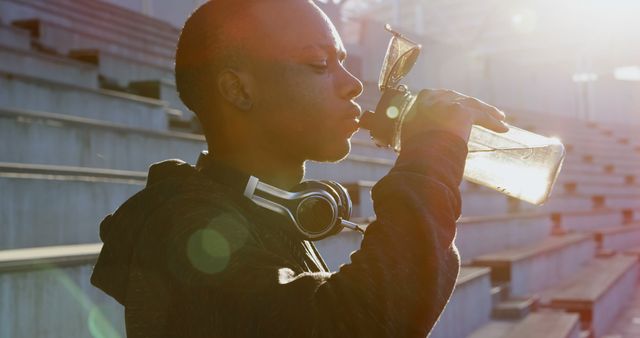 Man Drinking Water from Bottle after Workout in Outdoor Stadium - Download Free Stock Images Pikwizard.com