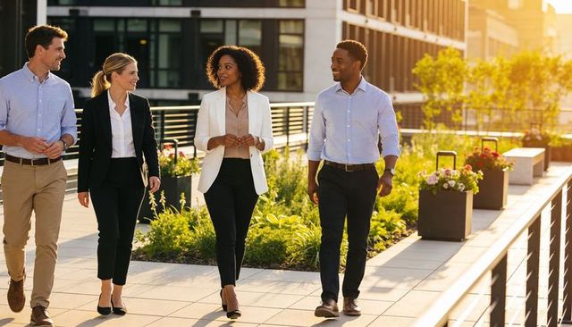 Colleagues walking and chatting on sunlit rooftop terrace during golden hour corporate