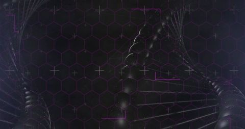 Futuristic dna helix with hexagonal grid and digital elements